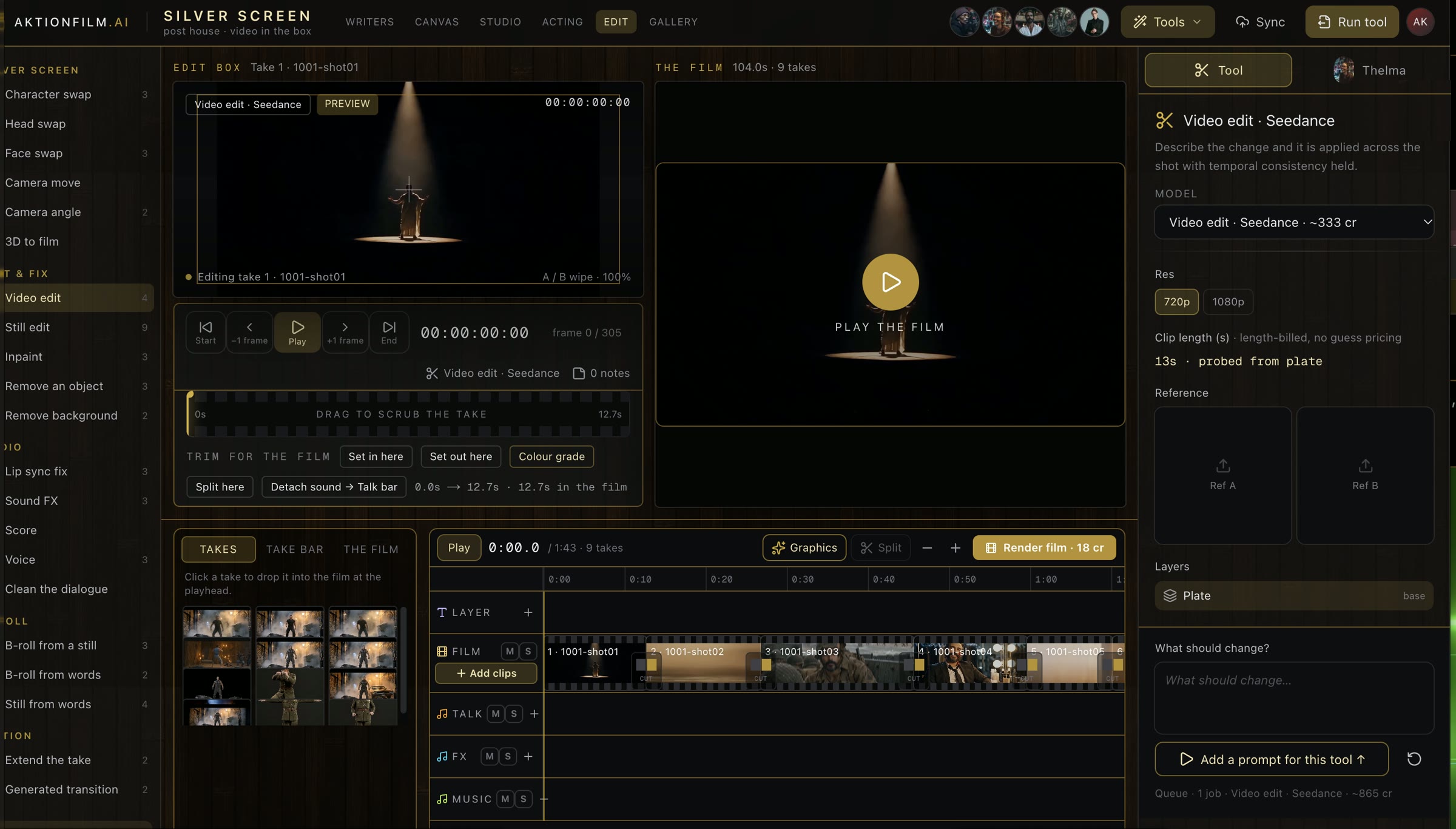 The Silver Screen editor with a film loaded: the list of fixes, the edit box, trim and grade, the film, your takes, the timeline, the tool panel with Thelma, and the cast